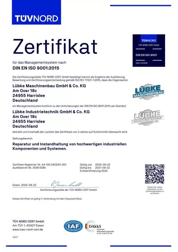 DIN EN ISO 9001:2015 Lübke Industrietechnik Flensburg