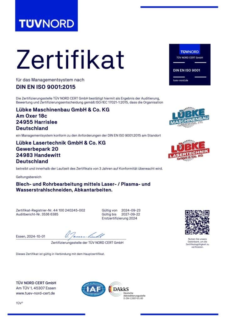 DIN EN ISO 9001:2015 Lübke Lasertechnik Flensburg