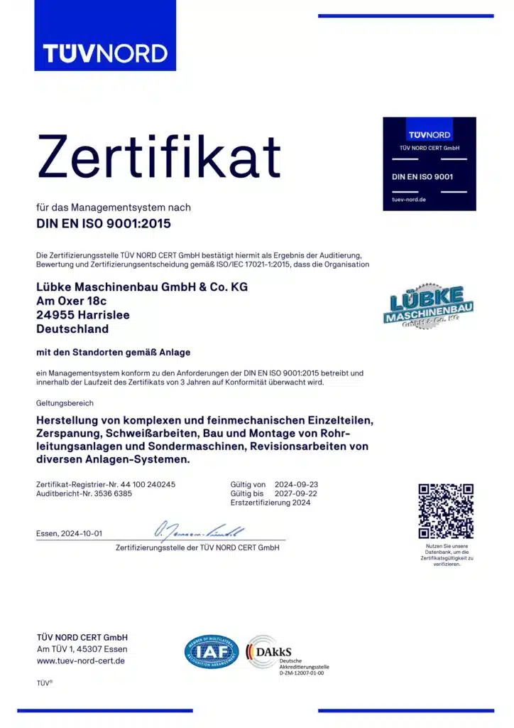 DIN EN ISO 9001:2015 Lübke Maschinenbau Flensburg