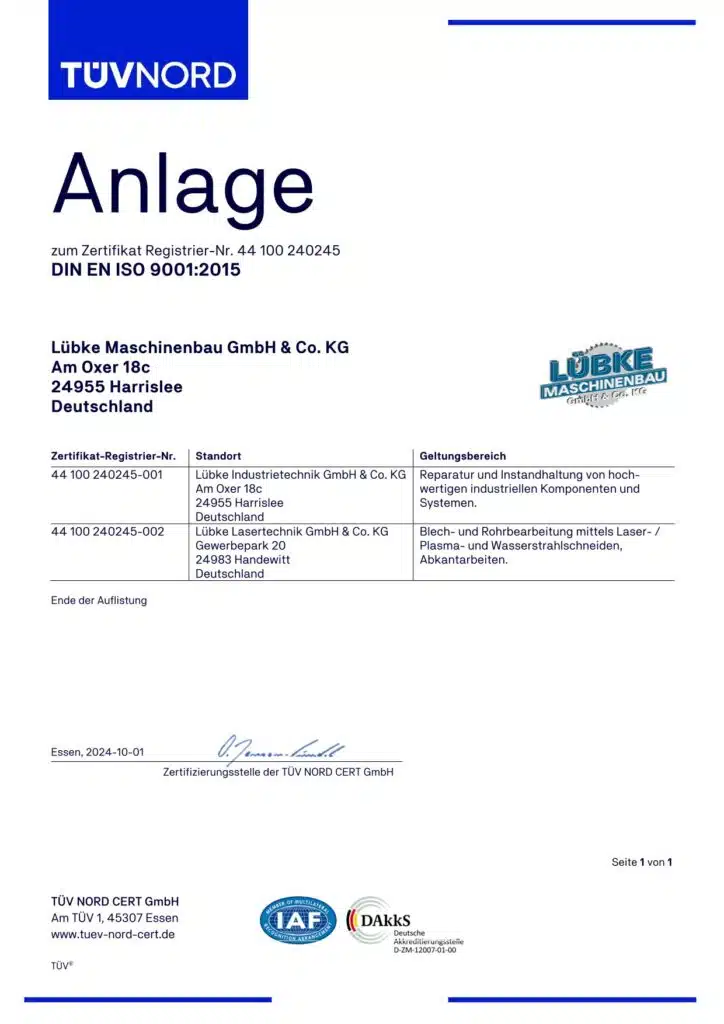 DIN EN ISO 9001:2015 Lübke Maschinenbau Flensburg